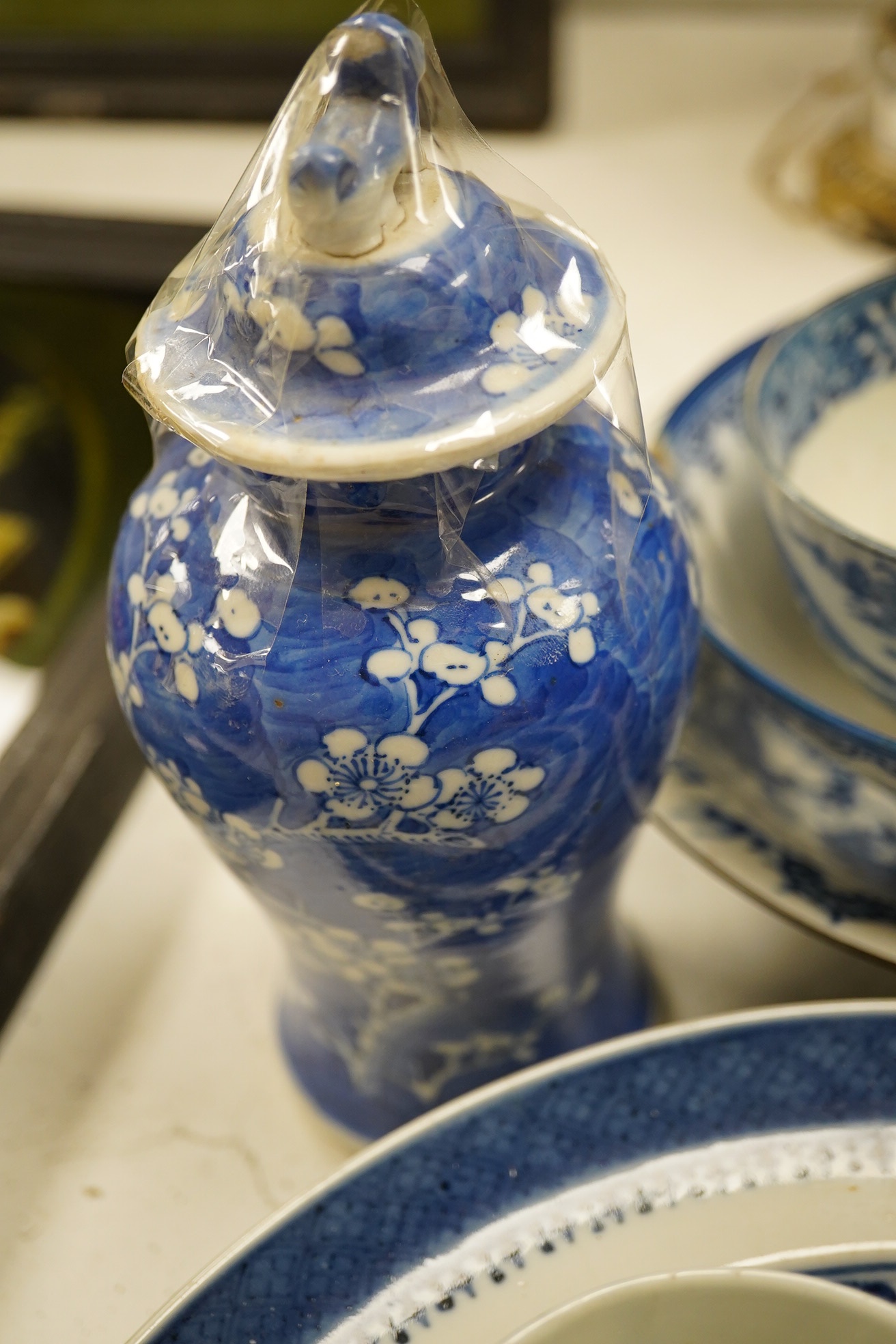 A group of assorted Chinese blue and white tableware. Largest 25cm. Condition - poor to fair